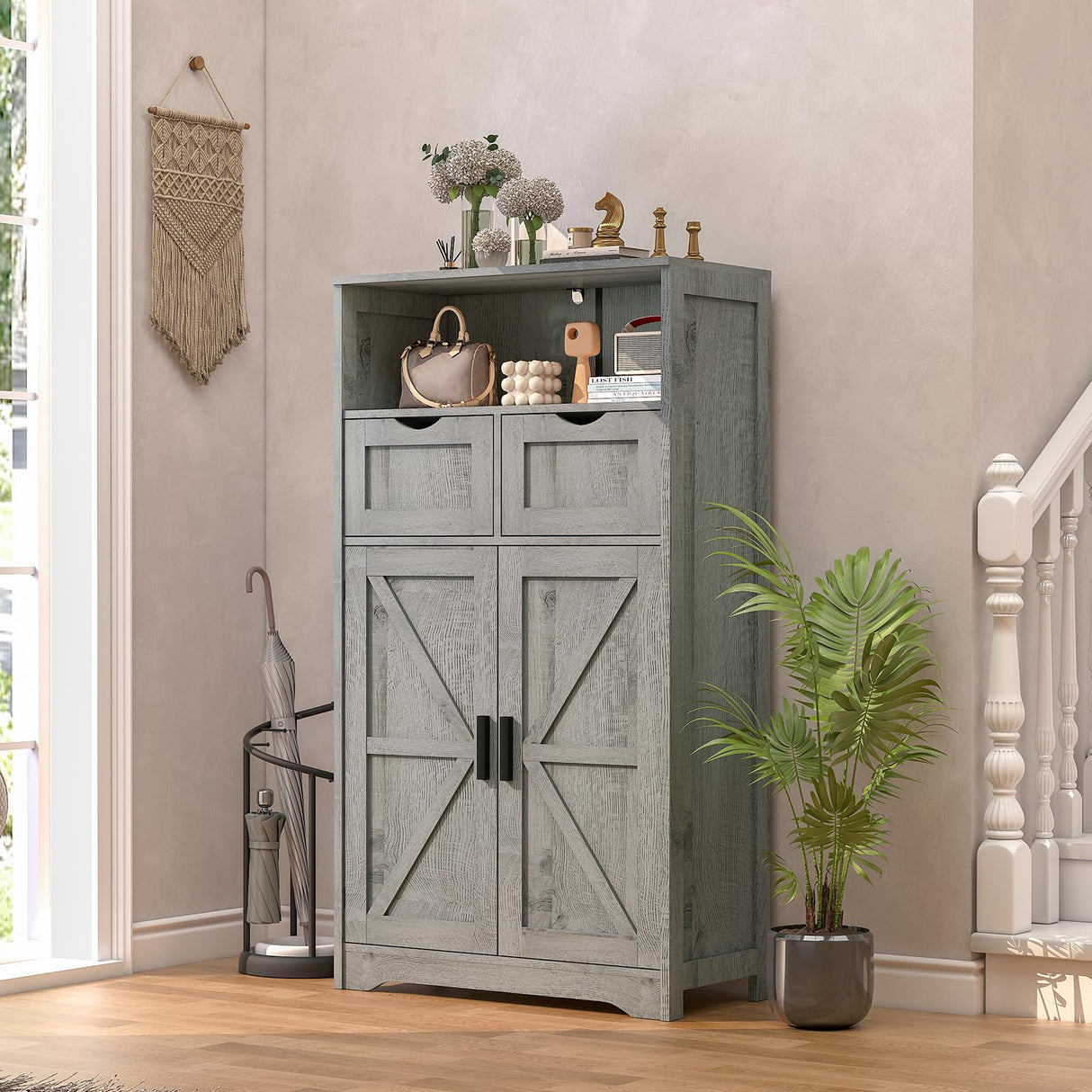 Bathroom Cabinet, Storage Cabinet with 2 Adjustable Drawers & 2 Barn Doors, Standing