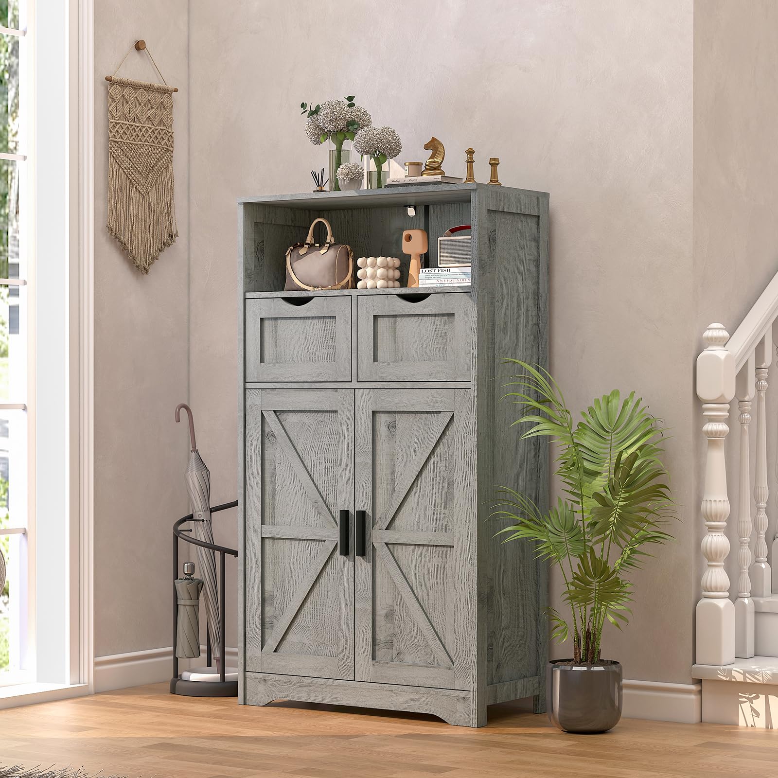 Bathroom Cabinet, Storage Cabinet with 2 Adjustable Drawers & 2 Barn Doors, Standing