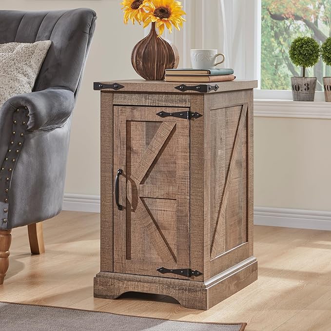 Nightstand with Charging Station, Rectangular Farmhouse End Table with Barn Door