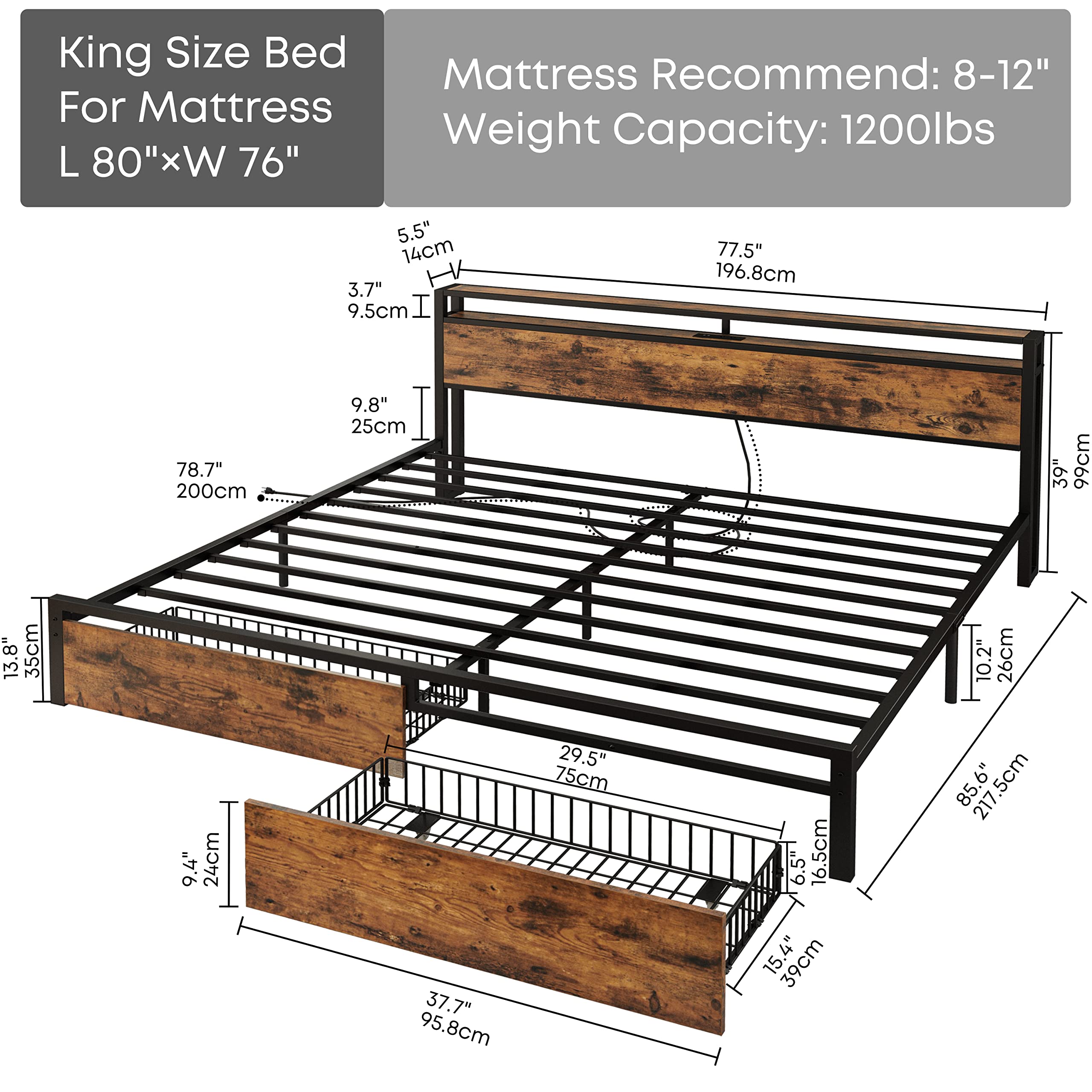 King Bed Frame with Storage Headboard, Platform Bed with Drawers and Charging Station,