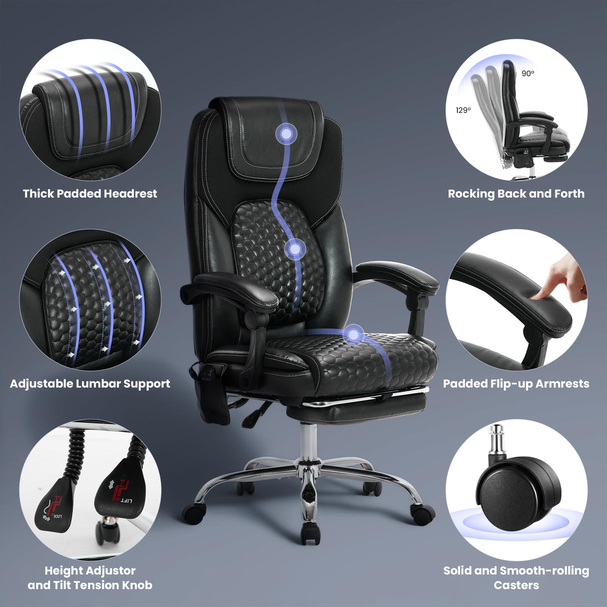 Executive Office Chair with Massage, Heat & Footrest - Ergonomic High-Back Recliner