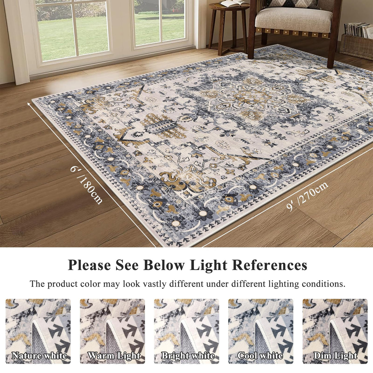 Washable Area Rug 6x9 - Non-Slip Boho Vintage Distressed Low Pile Carpet