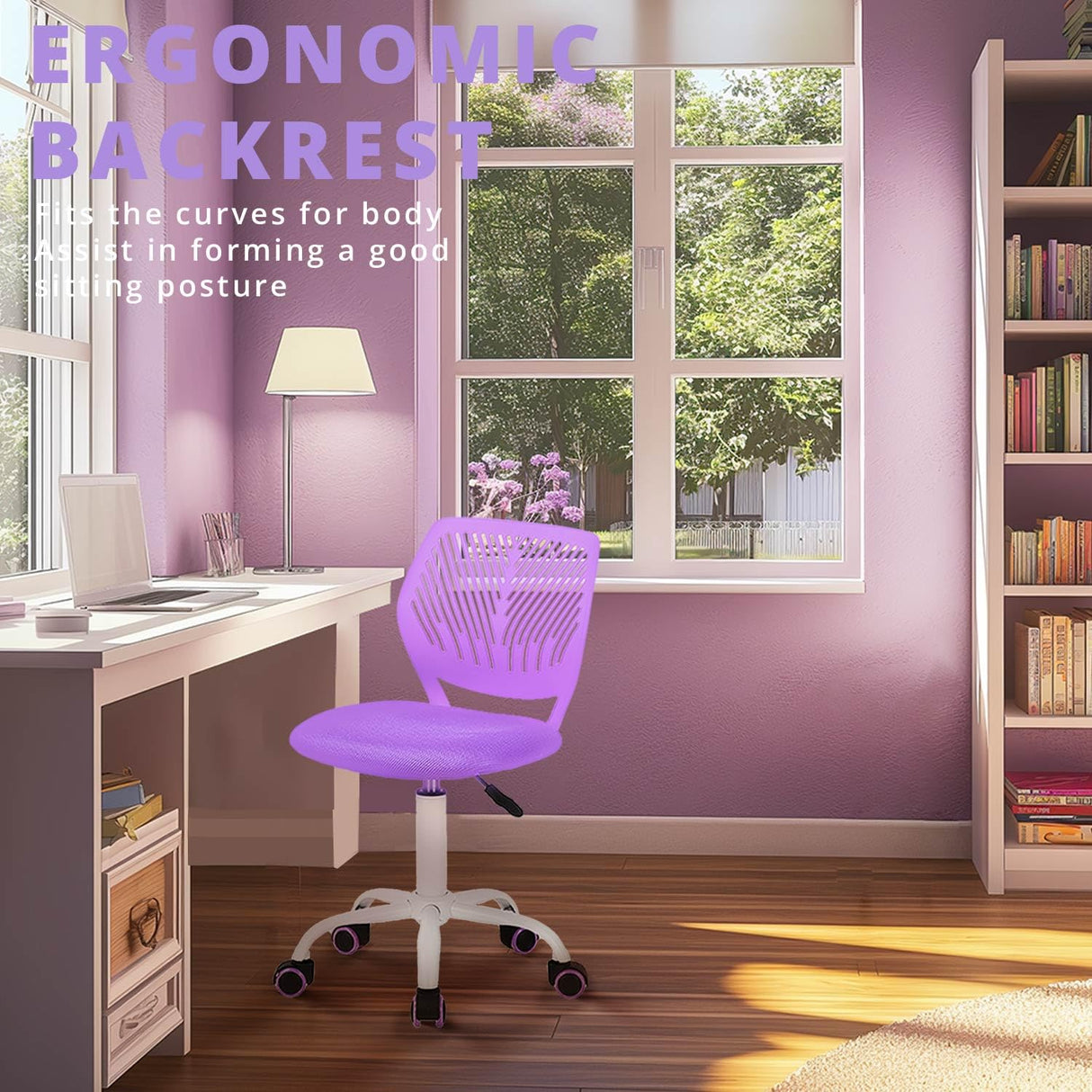 Task Chair 360 Swivel, Low Mid PP Mesh Back Fabric Seat, Height Adjustable, Rolling Castor, W15.7inces x D15.2inces x H29.5-34.2inches (Purple)