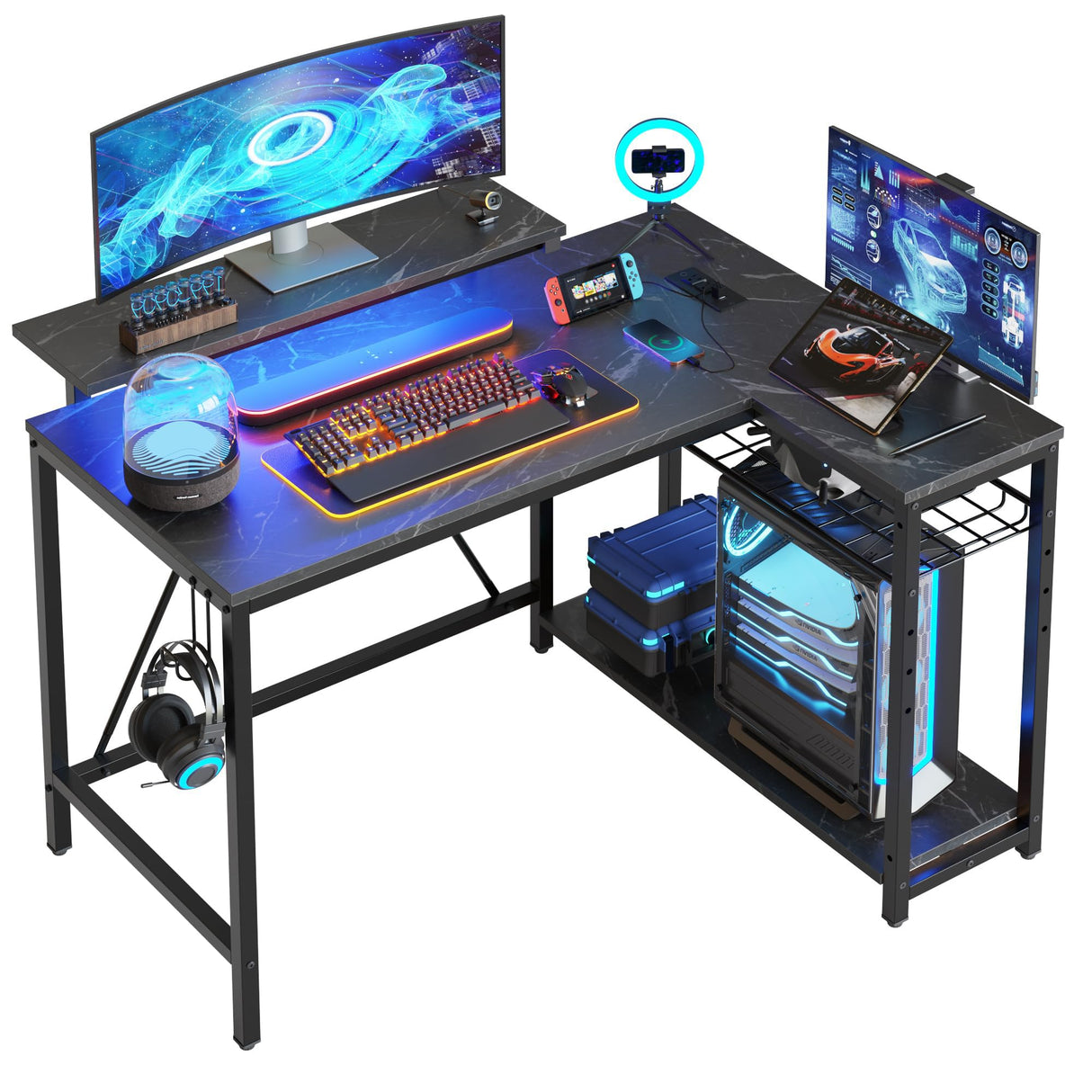 Gaming Desk with Power Outlets, 42" L-Shaped Gaming Desk with LED Lights