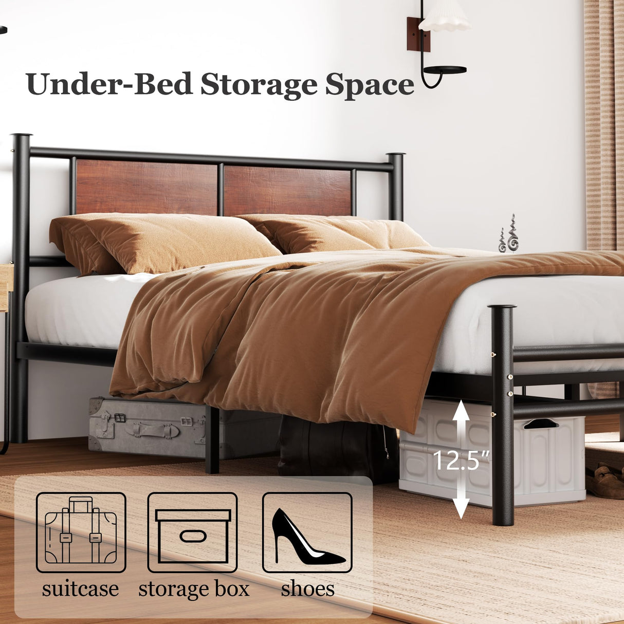 Queen Size Bed Frame with Wooden Headboard, Heavy Duty Platform Bed with 12 inches