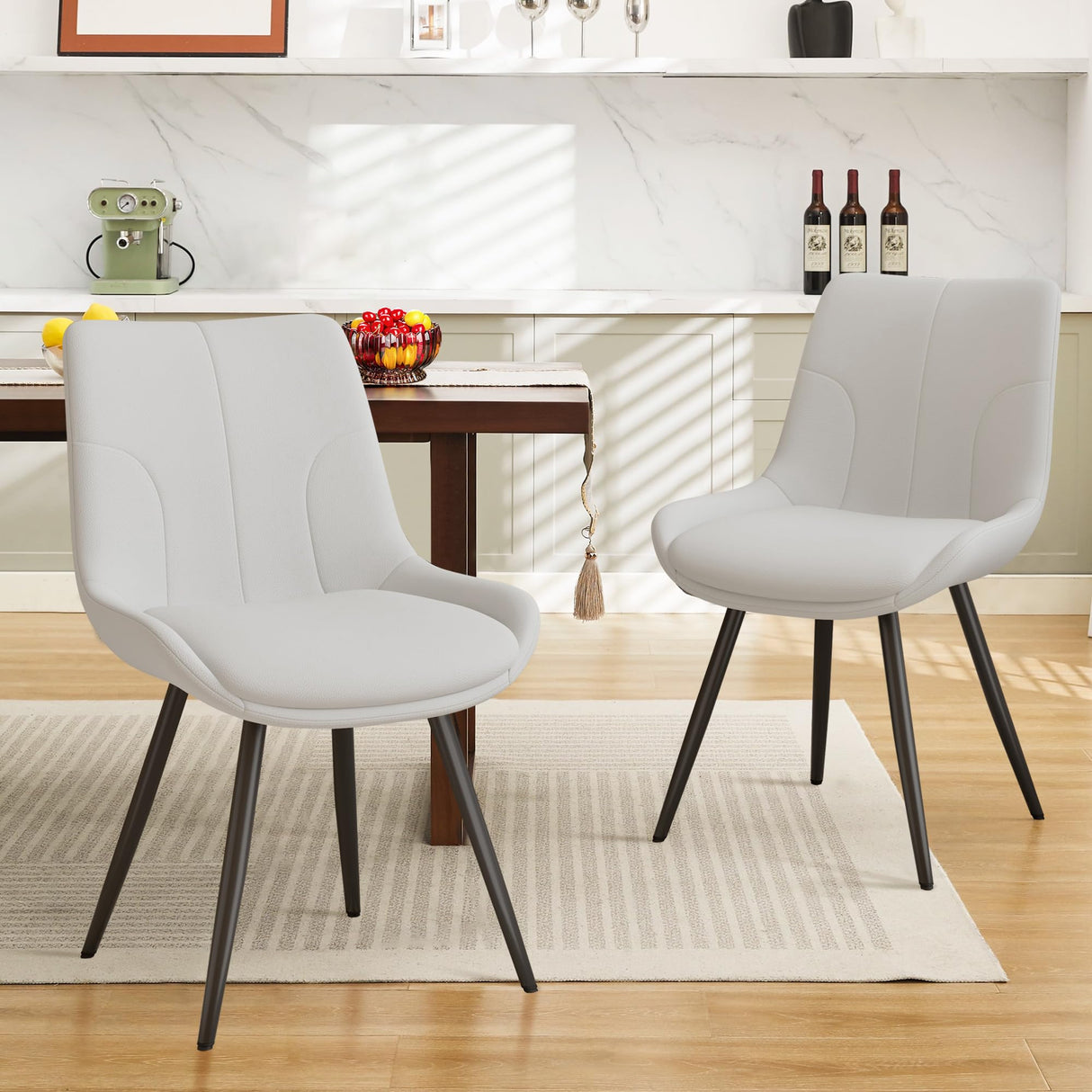 Modern Dining Chairs Set of 2 with Thick PU Leather Cushions and Metal Legs