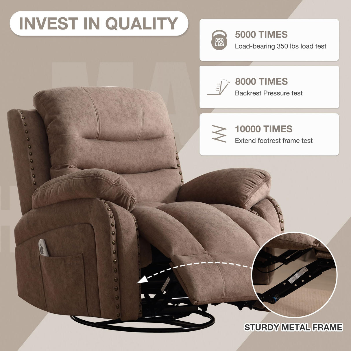 ErgoGlide 360° Swivel Recliner Chair with Heat & Massage – Vibration Zones, Side Pockets