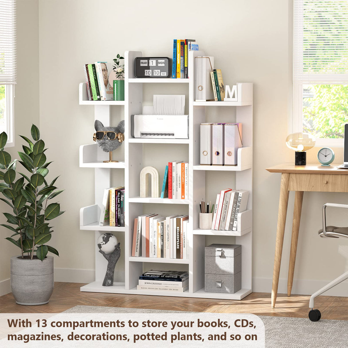 Bookshelf, Tree-Shaped Bookcase Storage Shelf with 13 compartments, Books Organizer Display Cube Shelves, Industrial Free Floor Standing Wood Open Bookshelves for Home, White