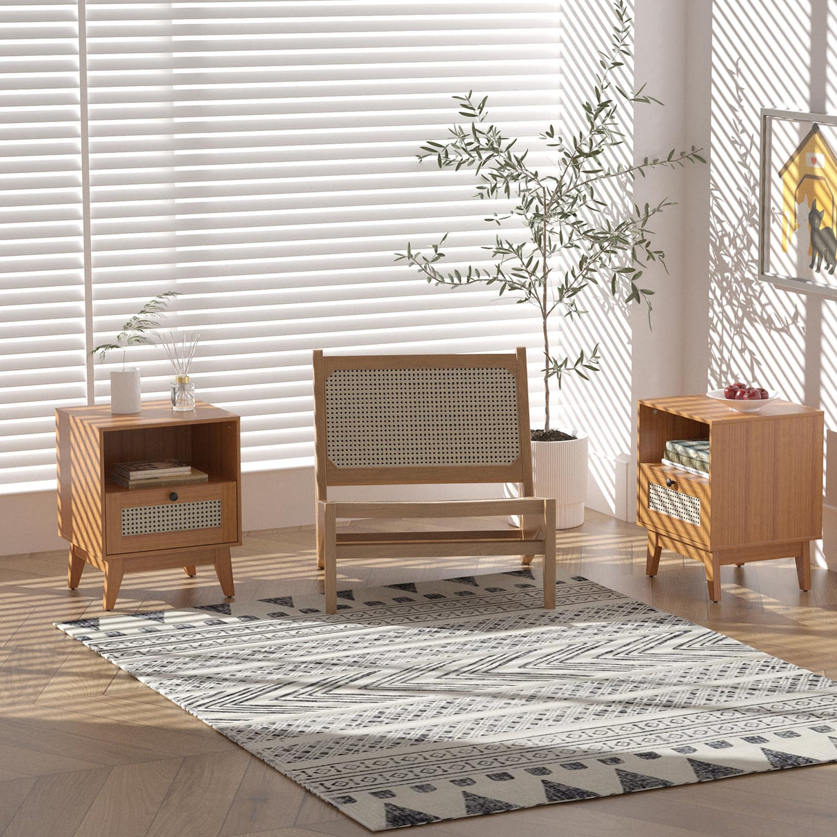 Nightstand Set of 2, Bedside Table with Rattan Drawer and Solid Wood Feet