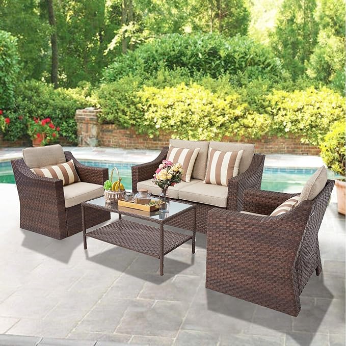 5 Piece Patio Conversation Set Outdoor Furniture Set, Brown Wicker Lounge Chair