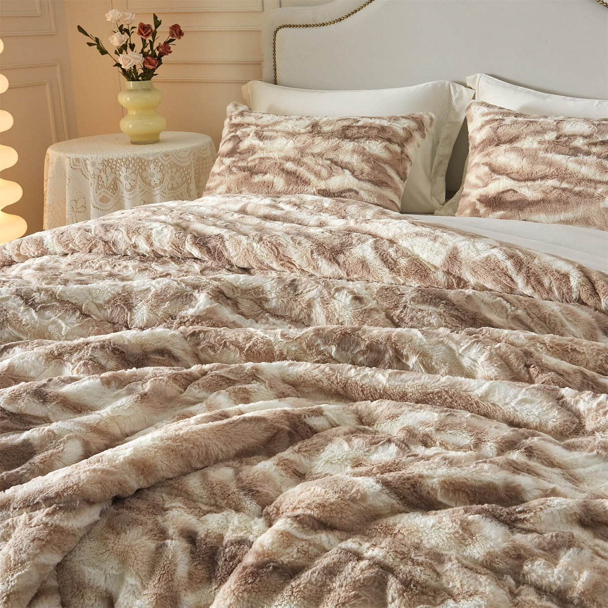 Faux Fur Comforter Set King Size, 3 Pieces Ultra Soft Marbled Beige Fluffy Comforter