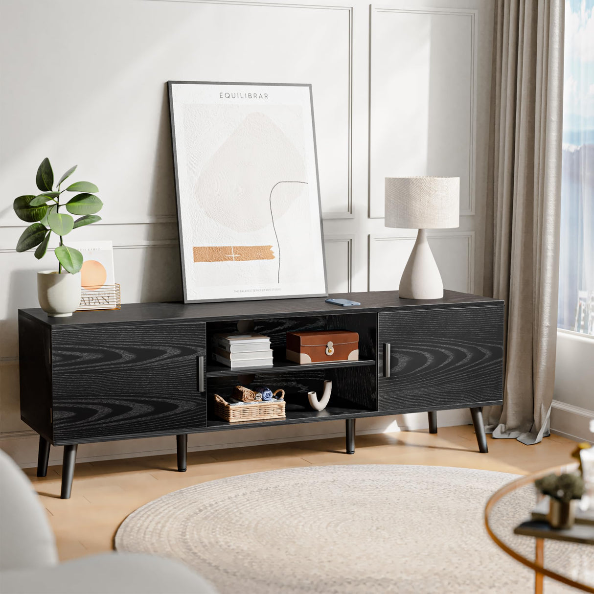 TV Stand for 55 Inch TV, Entertainment Center with Adjustable Shelf, 2 Cabinets