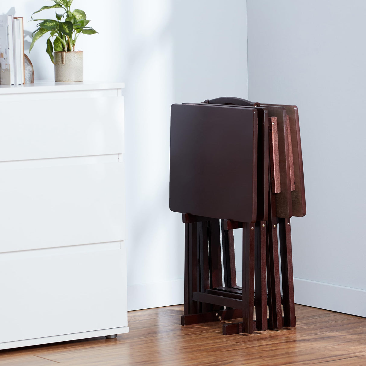 FoldMate Espresso Folding TV Tray Table Set – 4-Pack with Rack