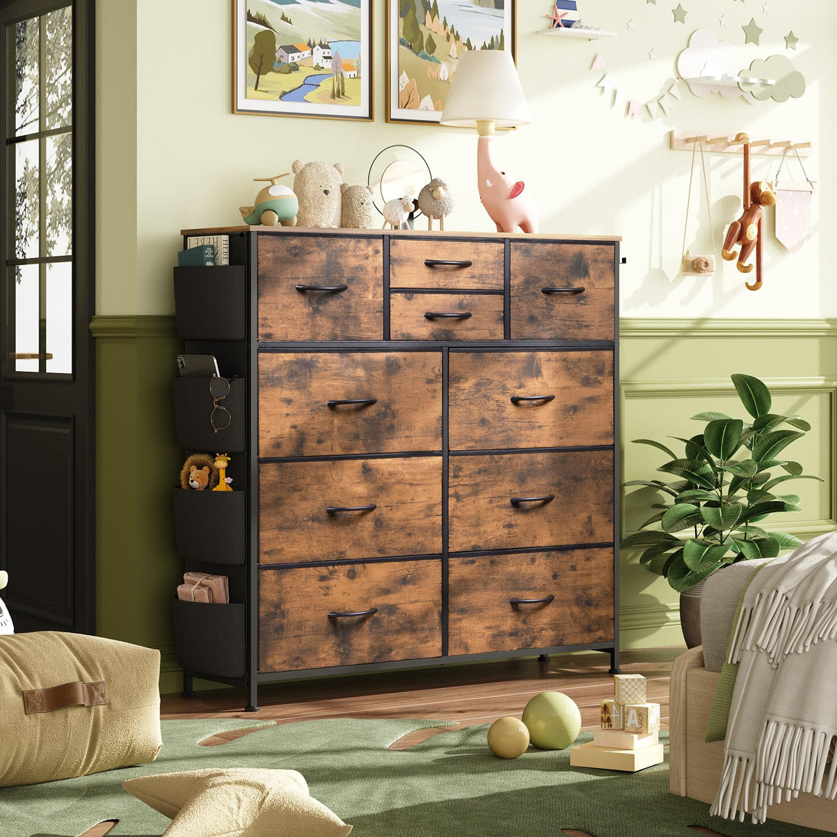 Dresser for Bedroom with 10 Drawers, Fabric Dresser Chest of Drawers with Side Pockets