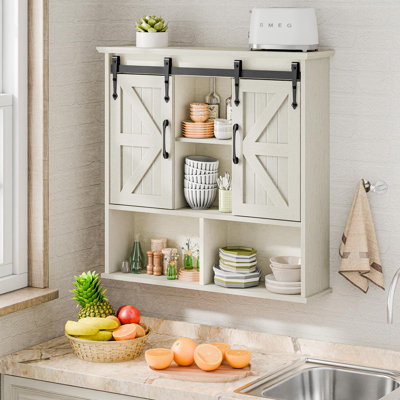 Bathroom Wall Cabinet, Farmhouse Medicine Cabinet with Double Sliding Barn Door and Adjustable Shelves, Wooden Vintage Storage Cabinet Wall Mounted for Bathroom, Kitchen Dining, White