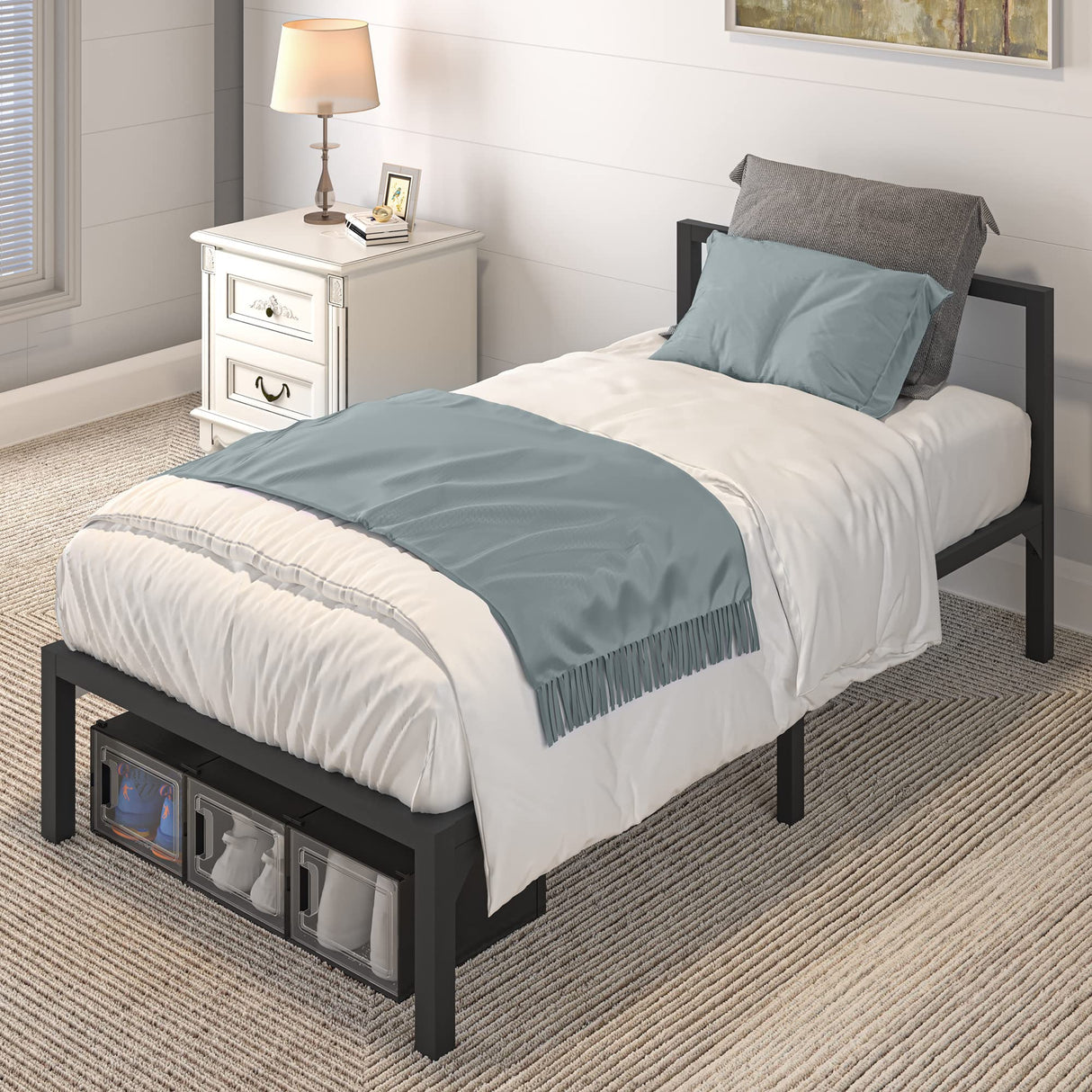 Twin Size Metal Bed Frame with Headboard, 14 Inch Wooden Slat Platform Bed