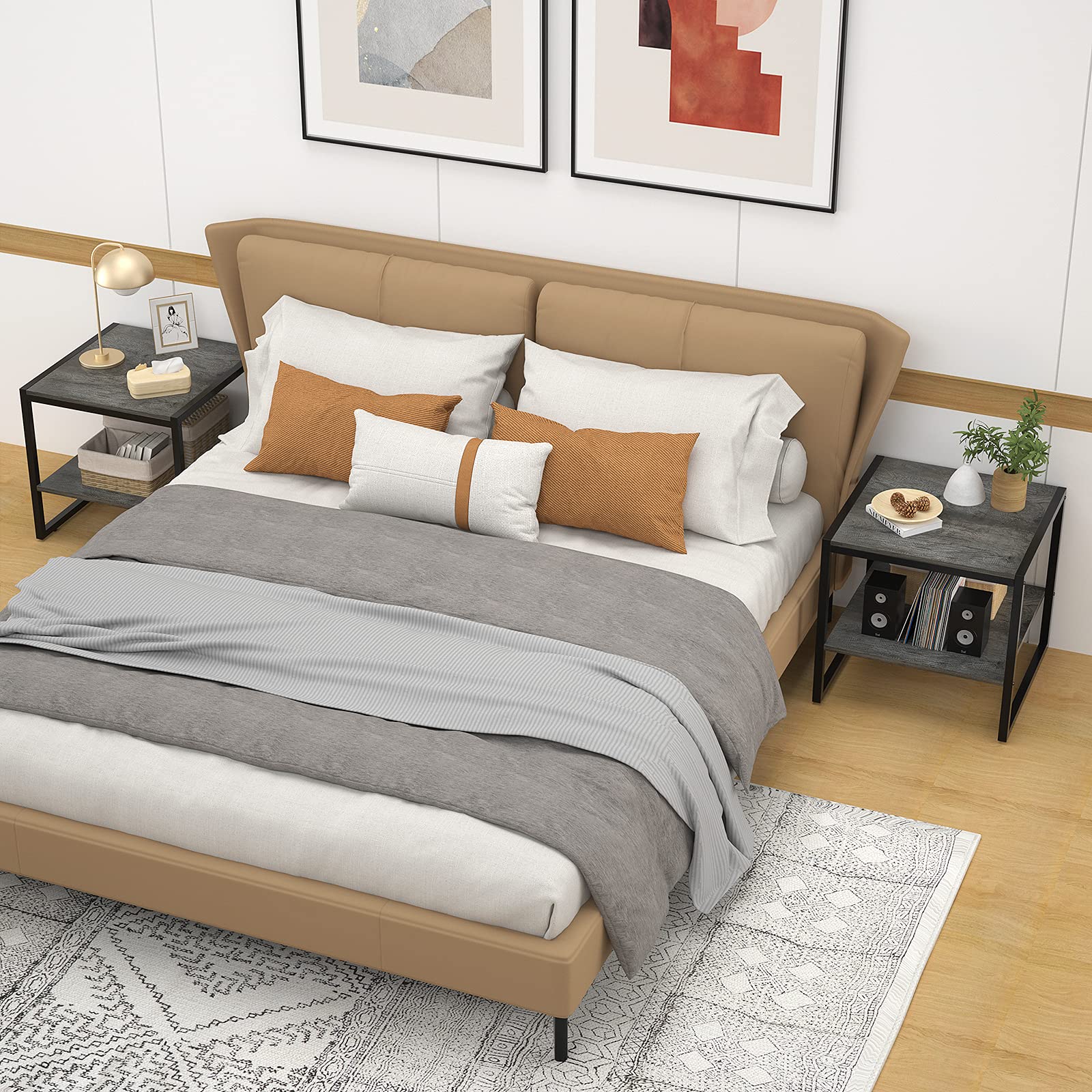 End Table, 20 Inch Square Side Table Modern Night Stand with 2-Tier Storage Shelf