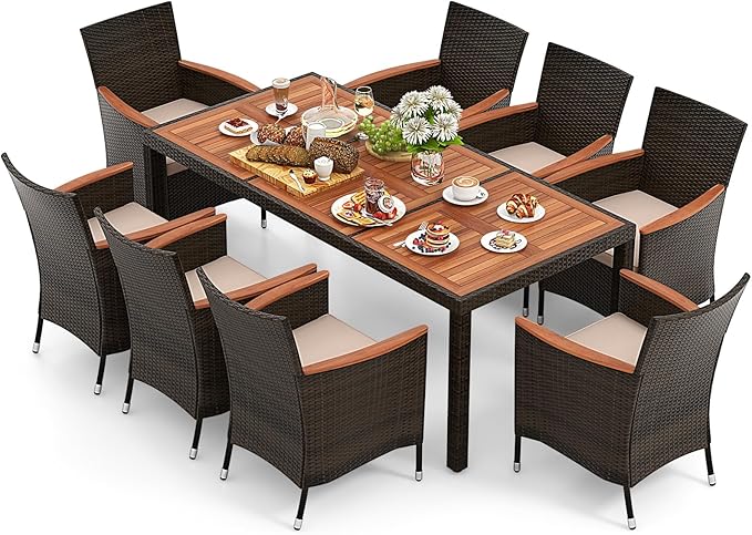 7 Pieces Outdoor Wicker Dining Set, Patio Dining Furniture Set with Acacia Wood Table