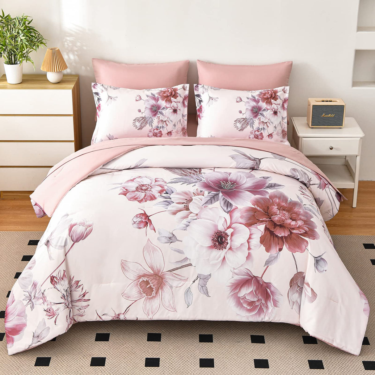 Floral Comforters Queen Size 7 Pieces Botanical Pink Bed in a Bag Ulter Soft