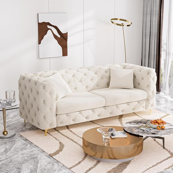 75 Inch Sofa Couch Modern Upholstered Couch Tufted Velvet Sofa High Arm and Metal