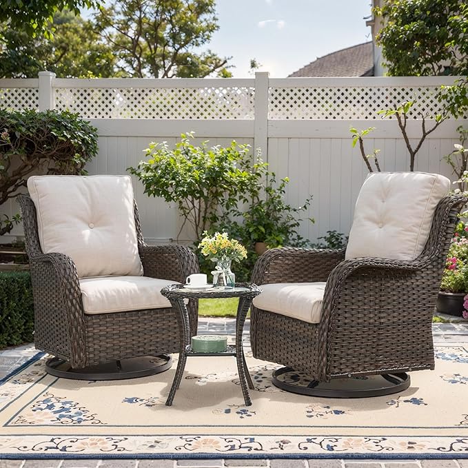 3 PCS Patio Furniture Set - Mixed Grey Wicker Swivel Rocking Chair Set with Side Table