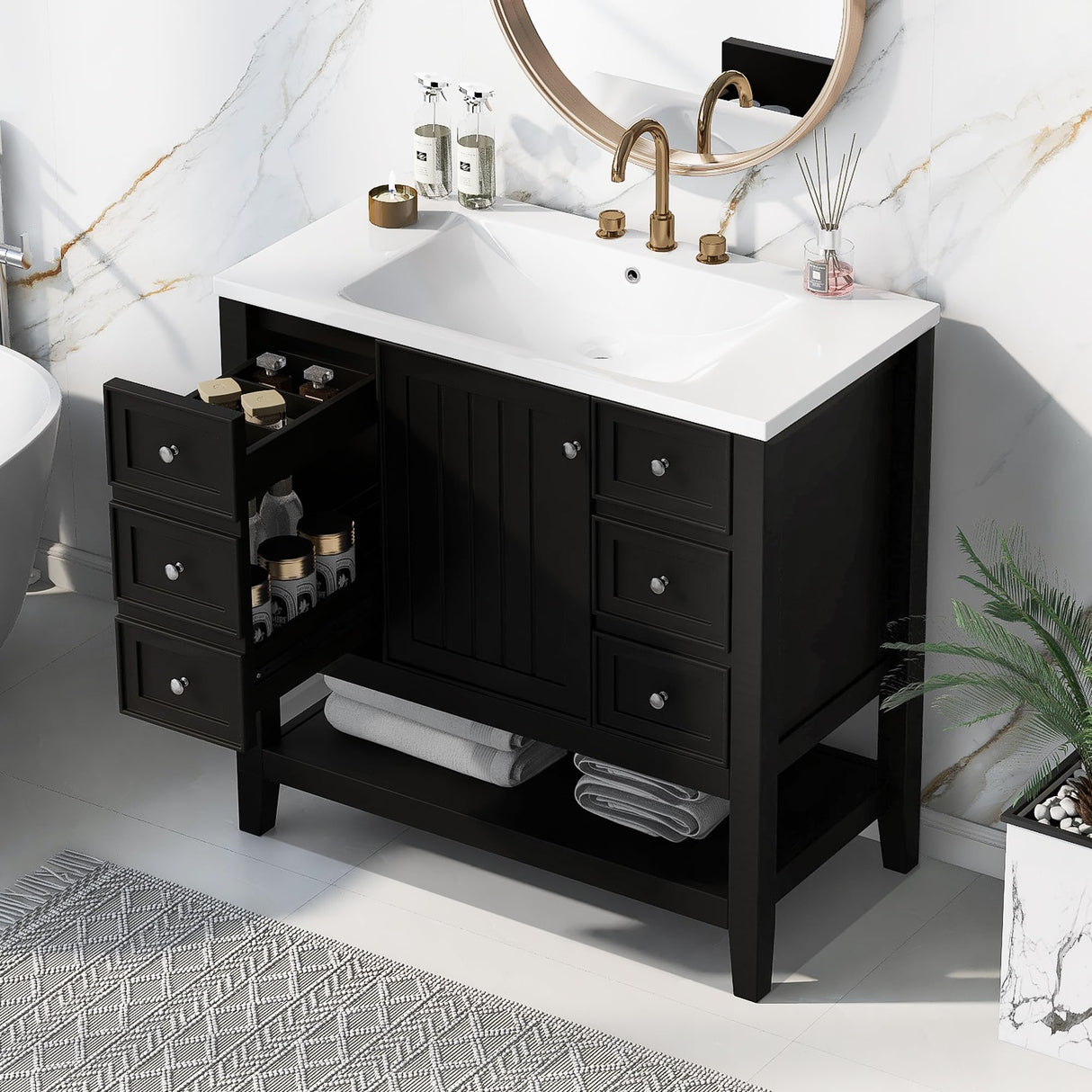 36" Vanity Bathroom Cabinet with Sink Top, Three Multi-Functional Drawers
