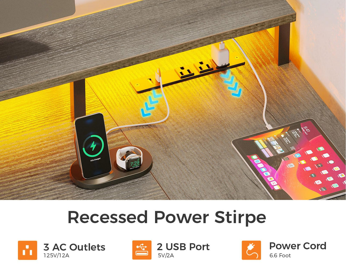 ODK L Shaped Desk with File Drawer, 75" Reversible L Shaped Computer Desk with Power Outlet & LED Strip, Office Desk with Storage Shelves, Gaming Desk with Monitor Shelf, Corner Desk, Grey Oak