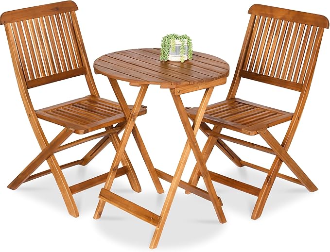 Acacia Wood Bistro Set - 3-Piece Folding Patio Furniture with 2 Chairs & Round Coffee Table