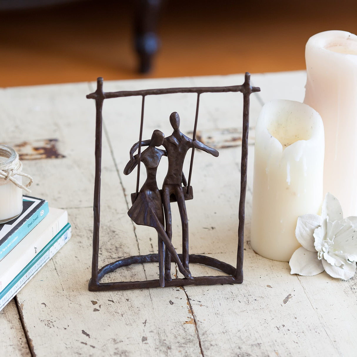 Contemporary Metal Art Shelf Décor - Cast Bronze Sculpture - Couple on a Swing