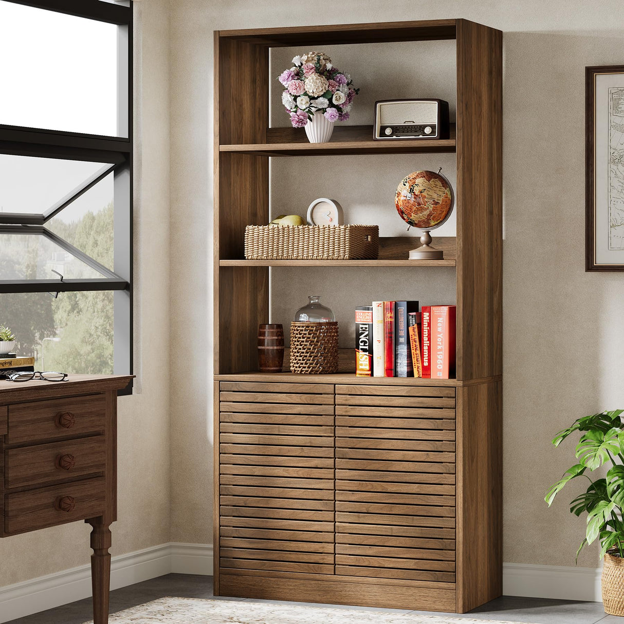Bookshelf with Cabinet & Open Shelves, 68" Tall Bookcase with Shutter Doors, Floor Standing Wood Office Storage Cabinet with Adjustable Shelf for Living Room, Home Office (Rustic Brown)