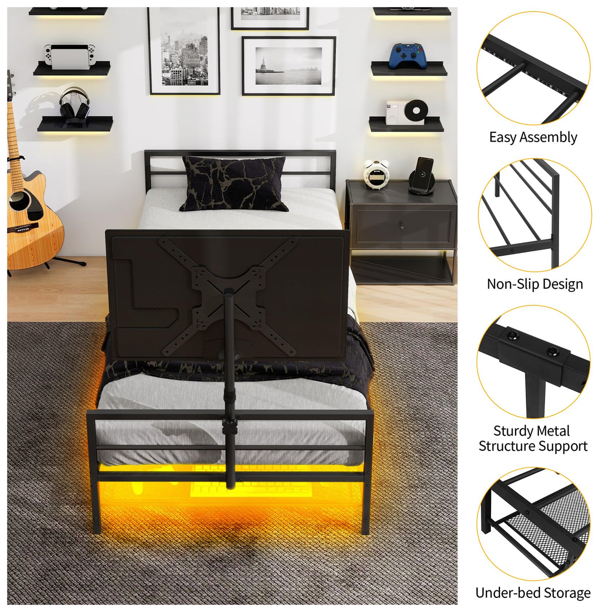 Twin Gaming Bed Frame with LED Lights & Rotating TV Mount