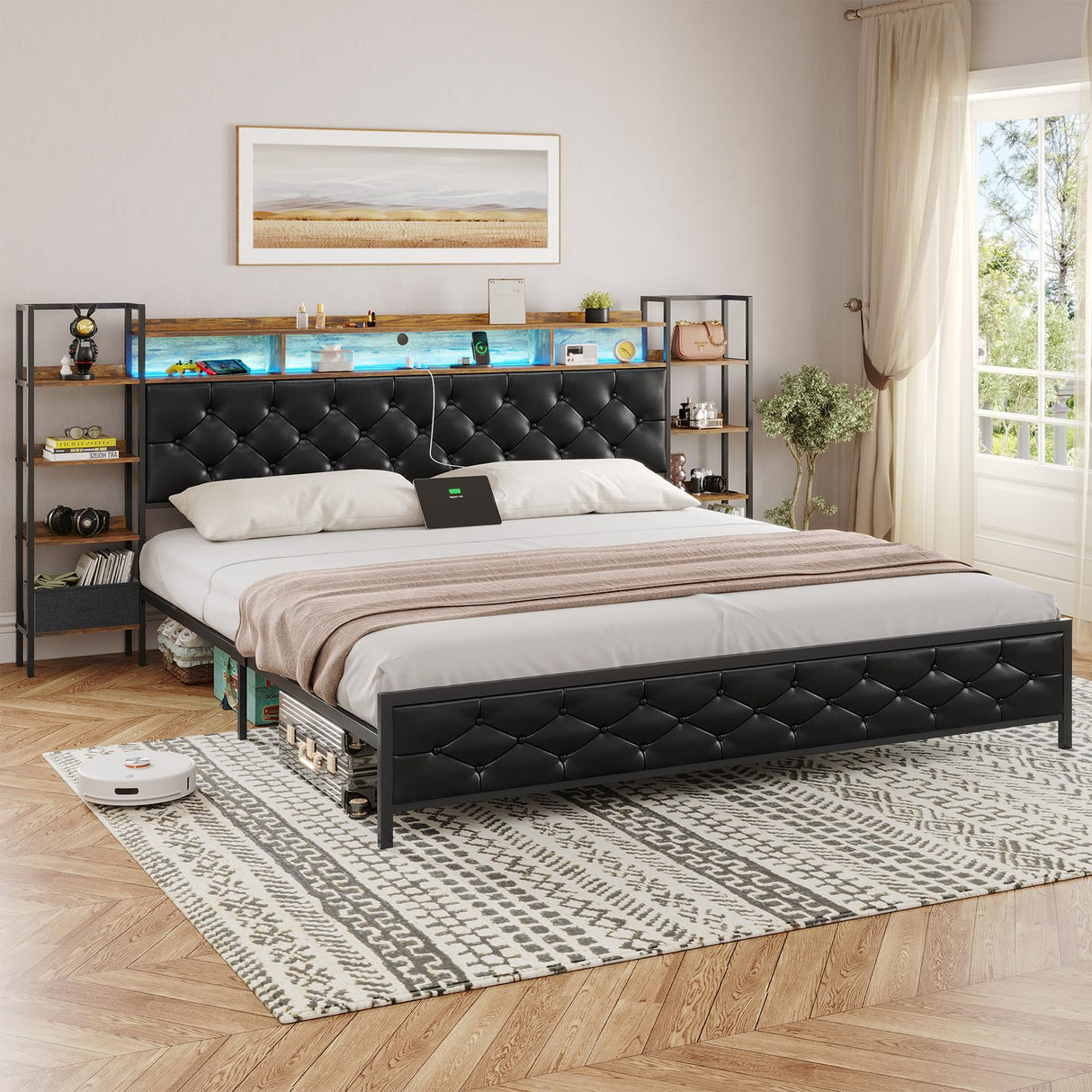 Bed Frame King Size with Bookcase Storage Headboard and Charging Station King