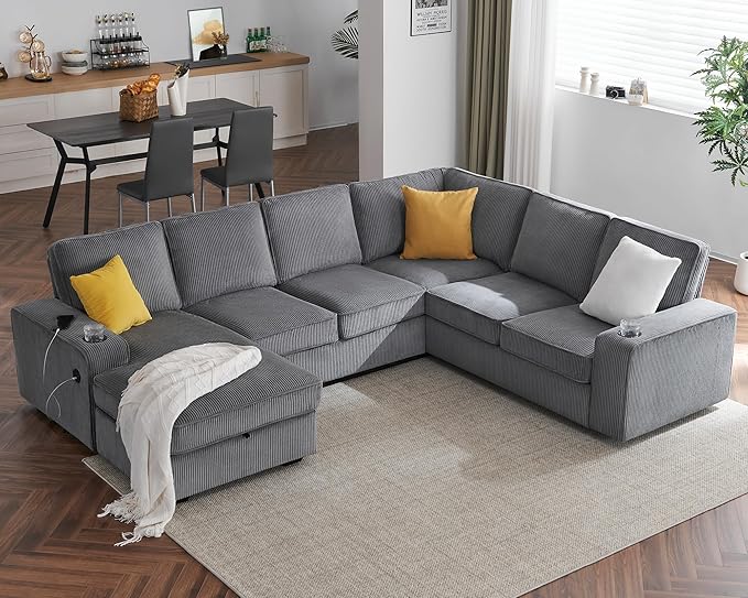 7 Seater Sofa with USB Ports, Sectional Sofa Couch with Storage Chaise