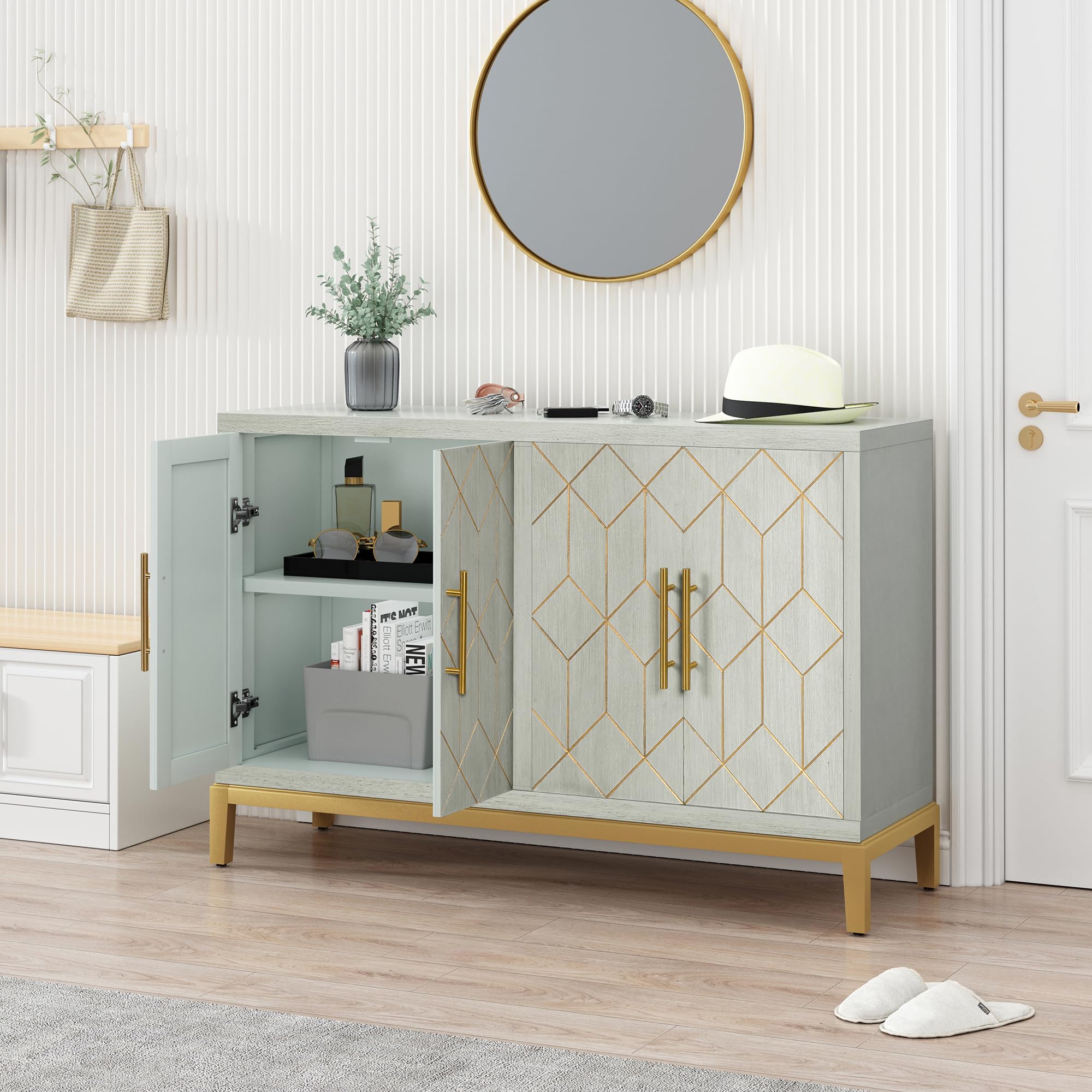 Accent Cabinet with 4 Doors, Modern Credenza Storage Cabinet