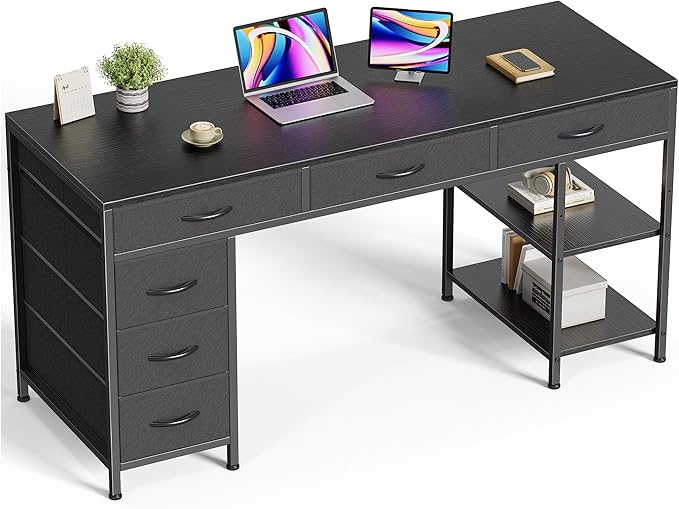 Computer Desk with 6 Drawers, 54 Inch Office Desk with Shelves, Reversible Gaming Desk
