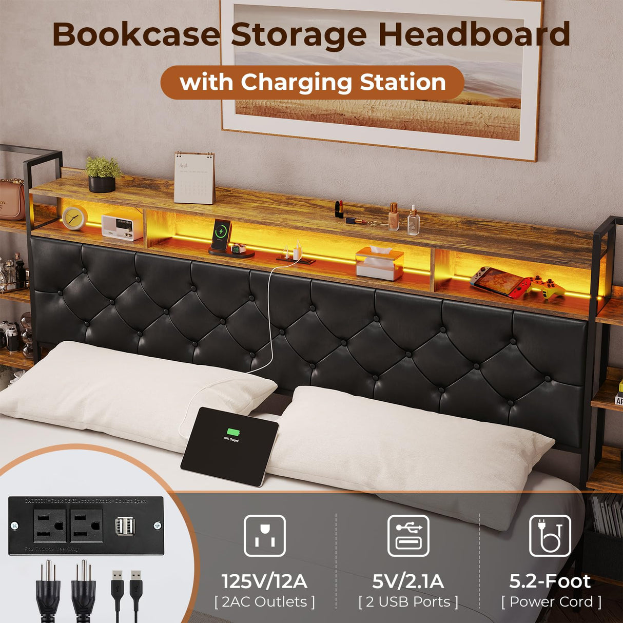 Bed Frame King Size with Bookcase Storage Headboard and Charging Station King