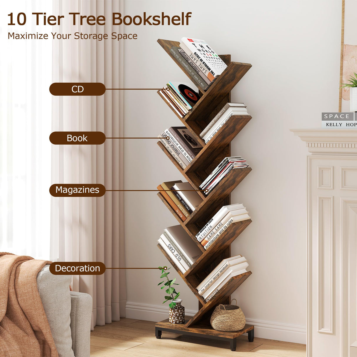 10 Shelf Tree Bookshelf, Floor Standing Wood Bookshelf for Books/Magazine/CDs/Movies, Modern Storage Rack Tree Bookcase, Utility Organizer Shelves for Narrow Space Home Office, Rustic Brown