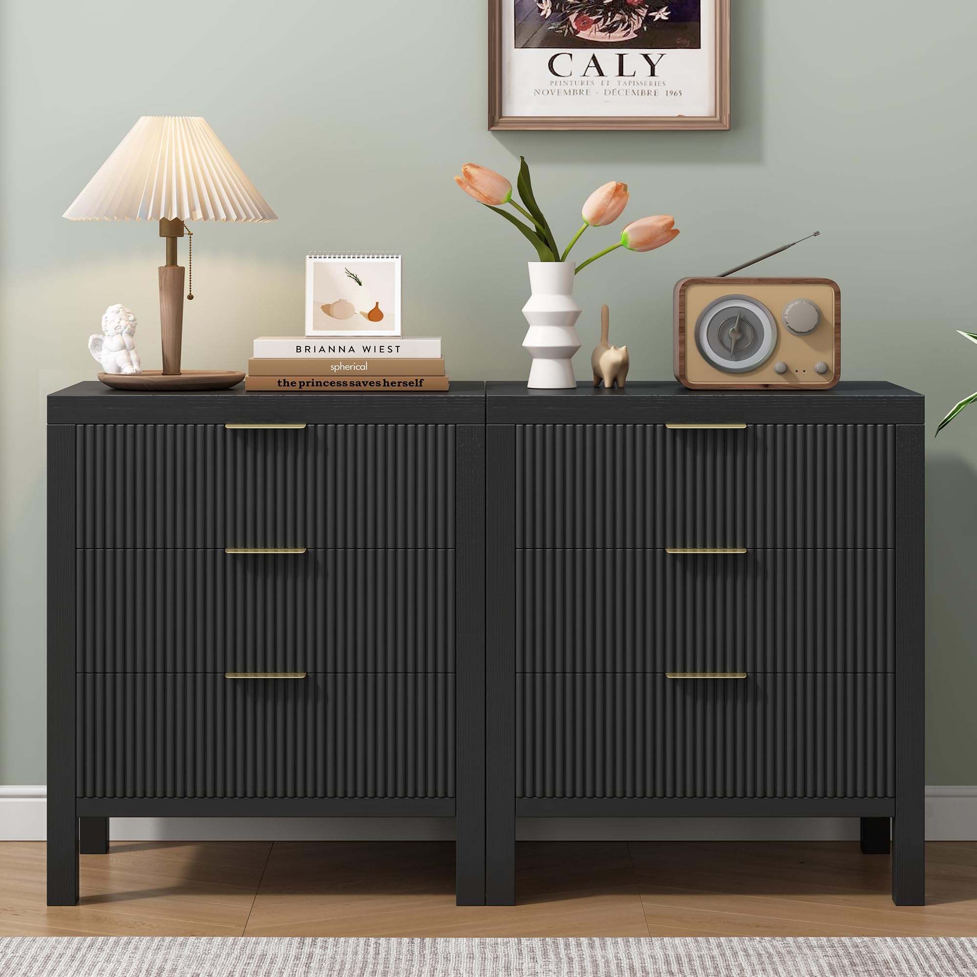 End Table with Storage, Wooden Farmhouse Nightstands with 3 Drawers