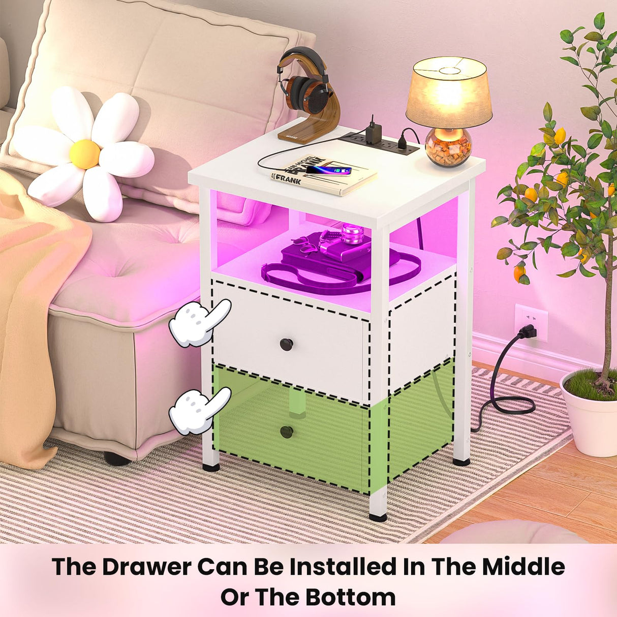 Nightstand Set of 2 with LED Lights, 3 Tier Night Stand with Charging Station, End Table