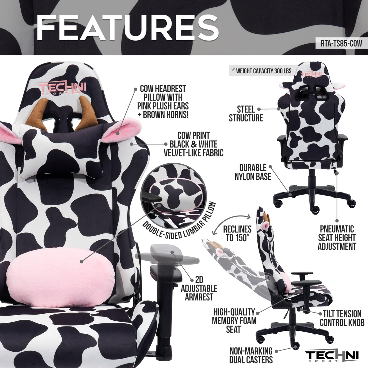 Cow Print Gaming Chair - Ergonomic Office Chair with Memory Foam & Lumbar Support