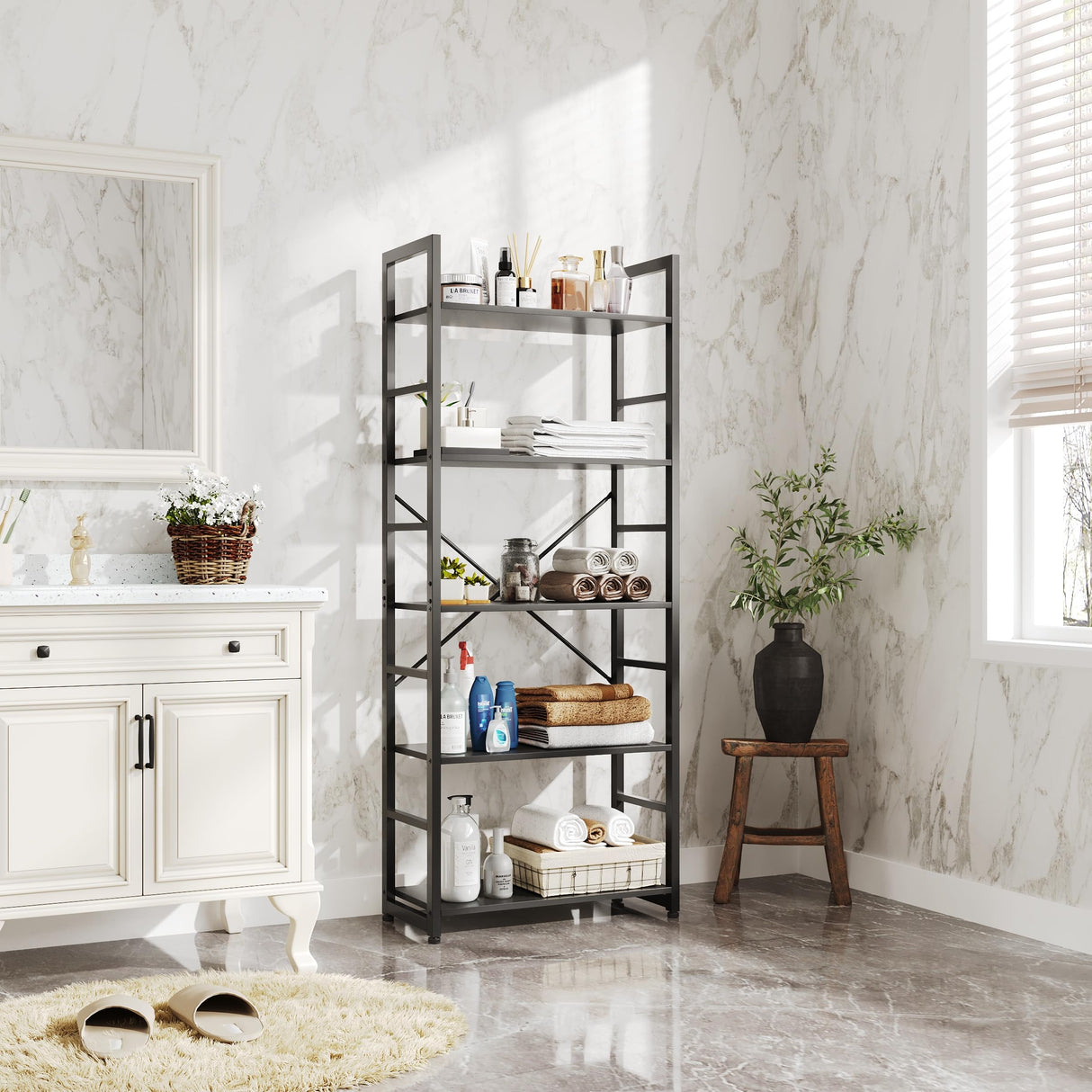 Tier Bookshelf 24 Inch Bookcase Book Shelf Organizer Modern Tall Bookshelf Book Case Ladder Bookshelves Book Storage for Bedroom, Living Room, Home Office, Kitchen (Black)