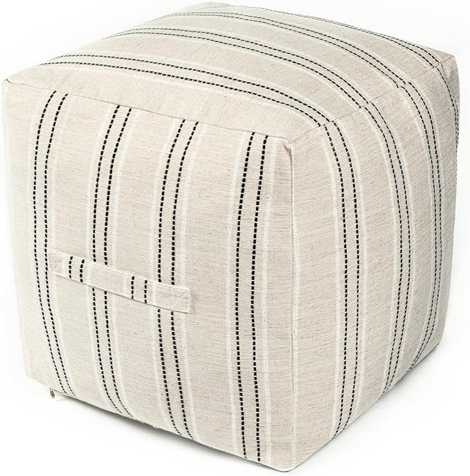 Farmhouse Pouf Cover for Living Room, Boho Storage Bean Bag Cubes, Beige with Gray