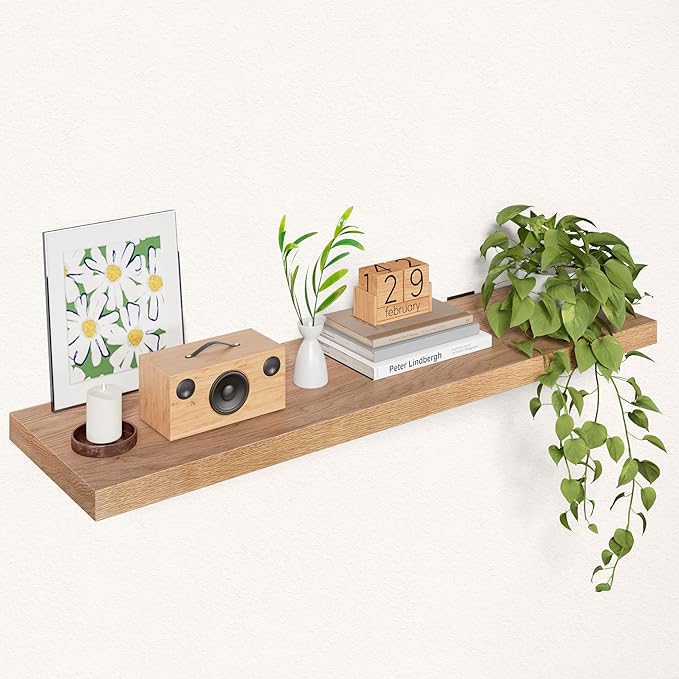 36 Inch Oak Floating Shelves - 10 Inch Deep, Rustic Wood Live Edge, Heavy Duty for Wall