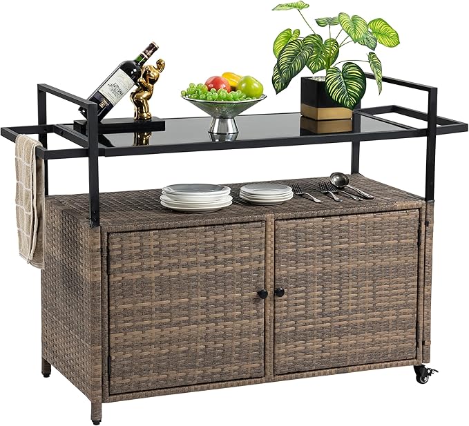Outdoor Bar Cart Table - Patio Console Storage Cabinet BBQ Grill Carts Buffet with Wheels
