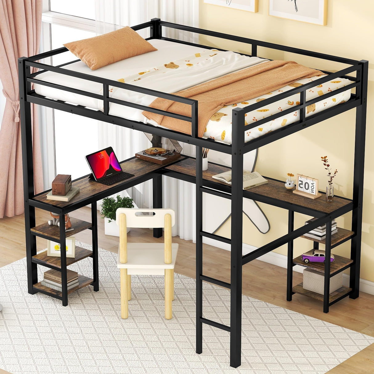 Full Size Loft Bed with L Shaped Desk,Metal Frame Loft Bed Full