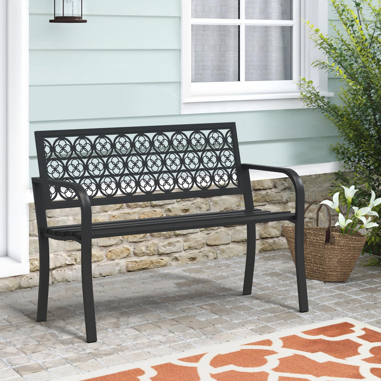 Black Outdoor Bench, Metal Weatherproof Garden Bench Cast Iron Heavy