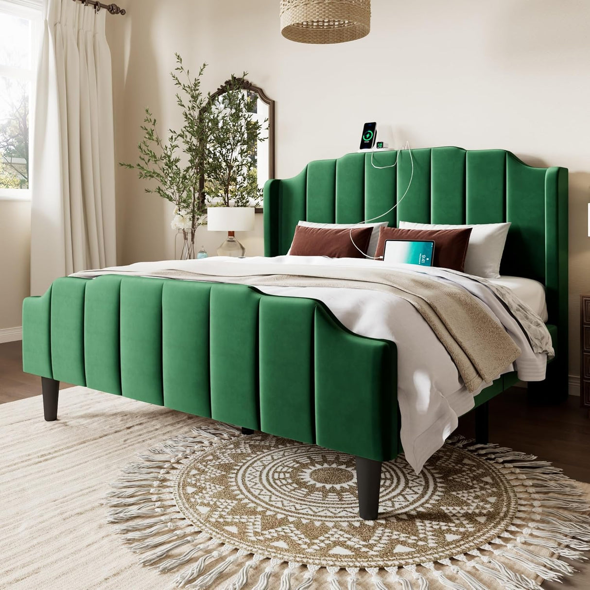 Vintage Full Size Velvet Platform Bed Frame with Tufted Wingback Headboard