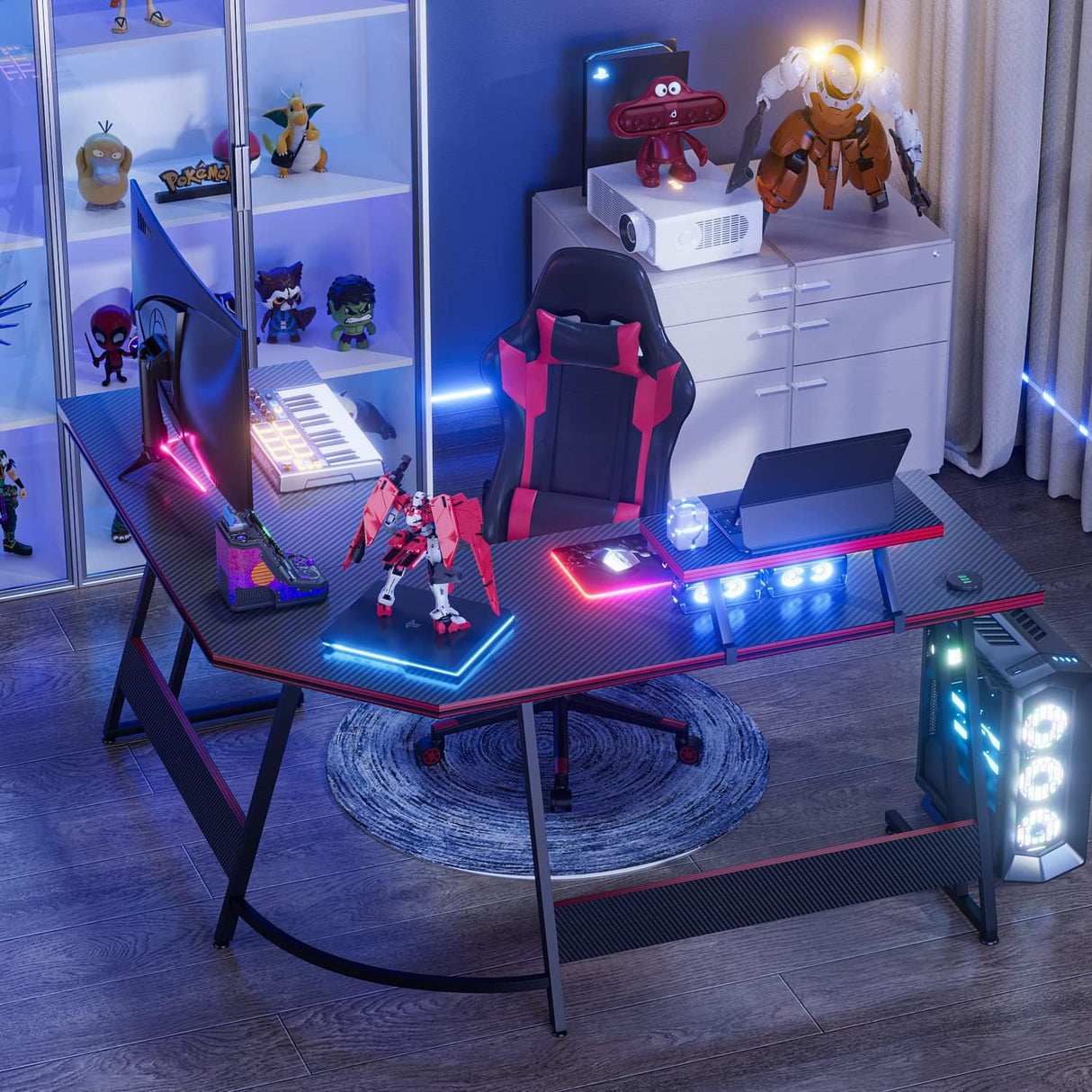 L Shaped Gaming Desk with LED Lights & Power Outlet, 51 Inch Fiber Surface Computer Table with Cup Holder & Headphone Hook, Black