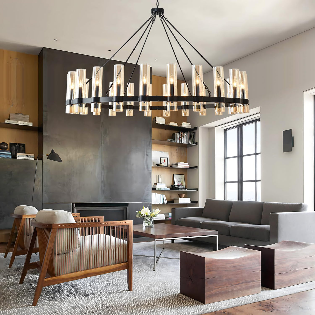 60 Inch Black Wagon Wheel Chandelier, 24 Lights, with Brown Glass Shade