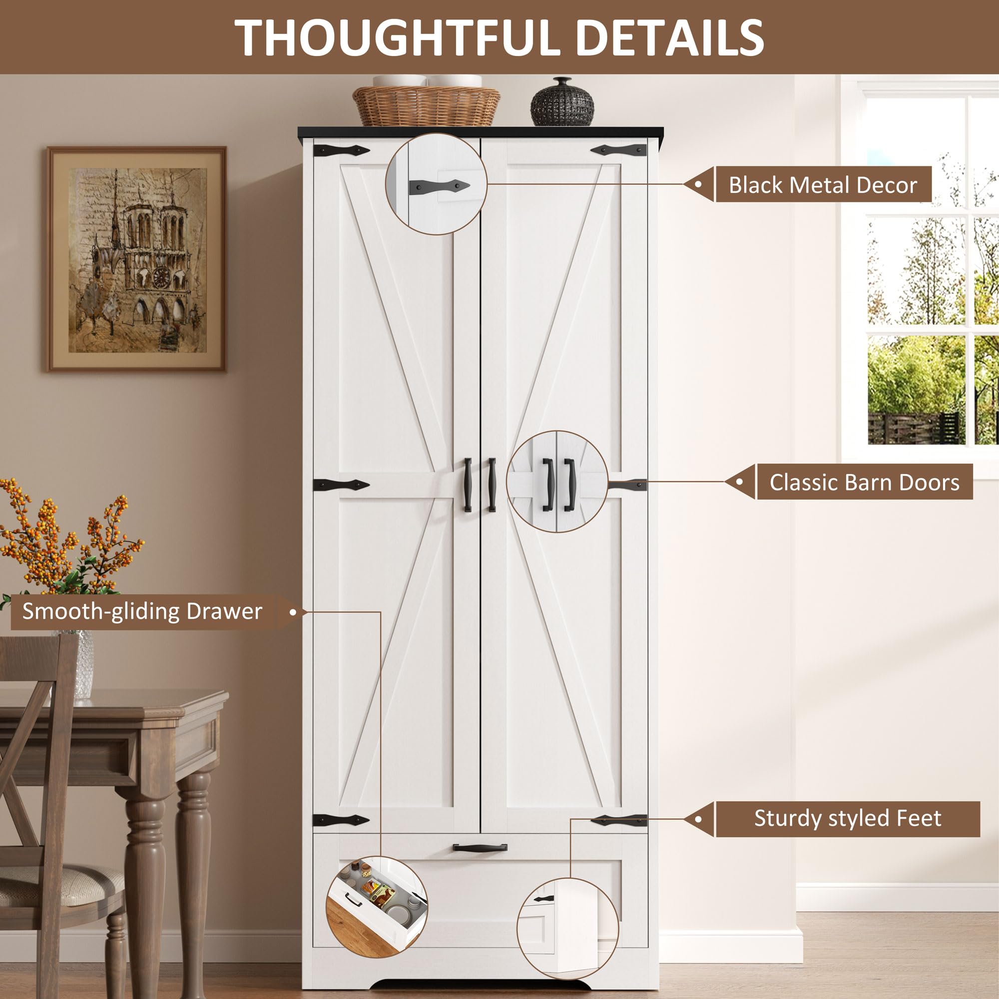 Kitchen Pantry Storage Cabinet with Barn Doors, Drawer and Adjustable Shelves, 4-Tier